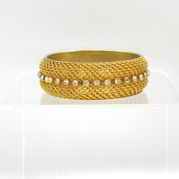 Y2K Gold Wide Mesh Bangle Bracelet Crystal Rhinestone Lee Angel Neiman Marcus - Picture 8 of 9